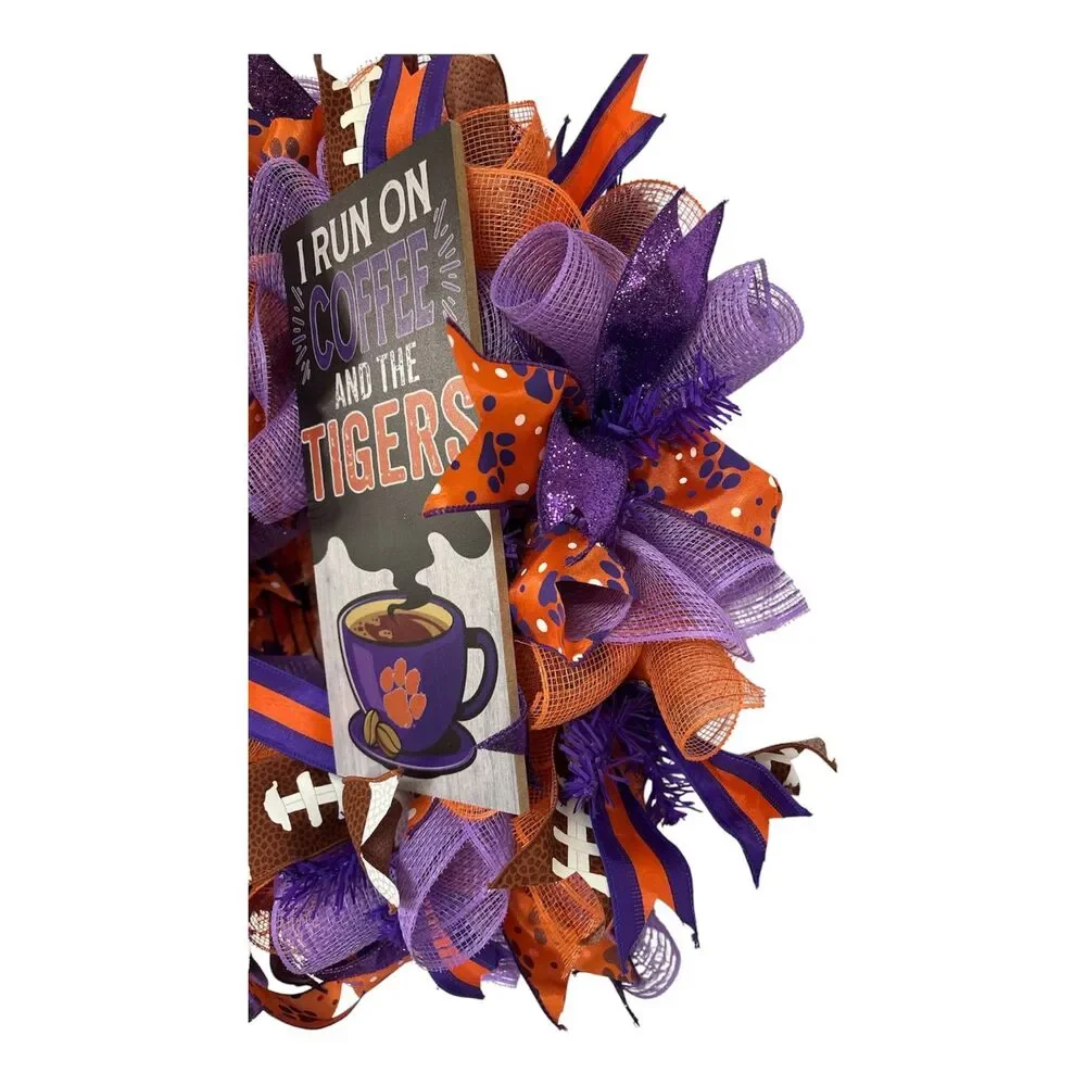 Clemson Football Wreath | ACC Tigers Door Decor | Orange Purple Mesh Game Wreath